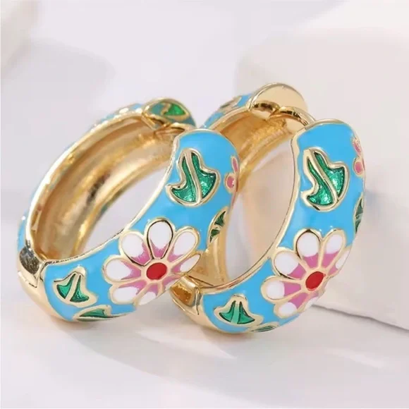 Colorful Festival Floral Blue and Gold Hoop Earrings - Picture 12 of 12